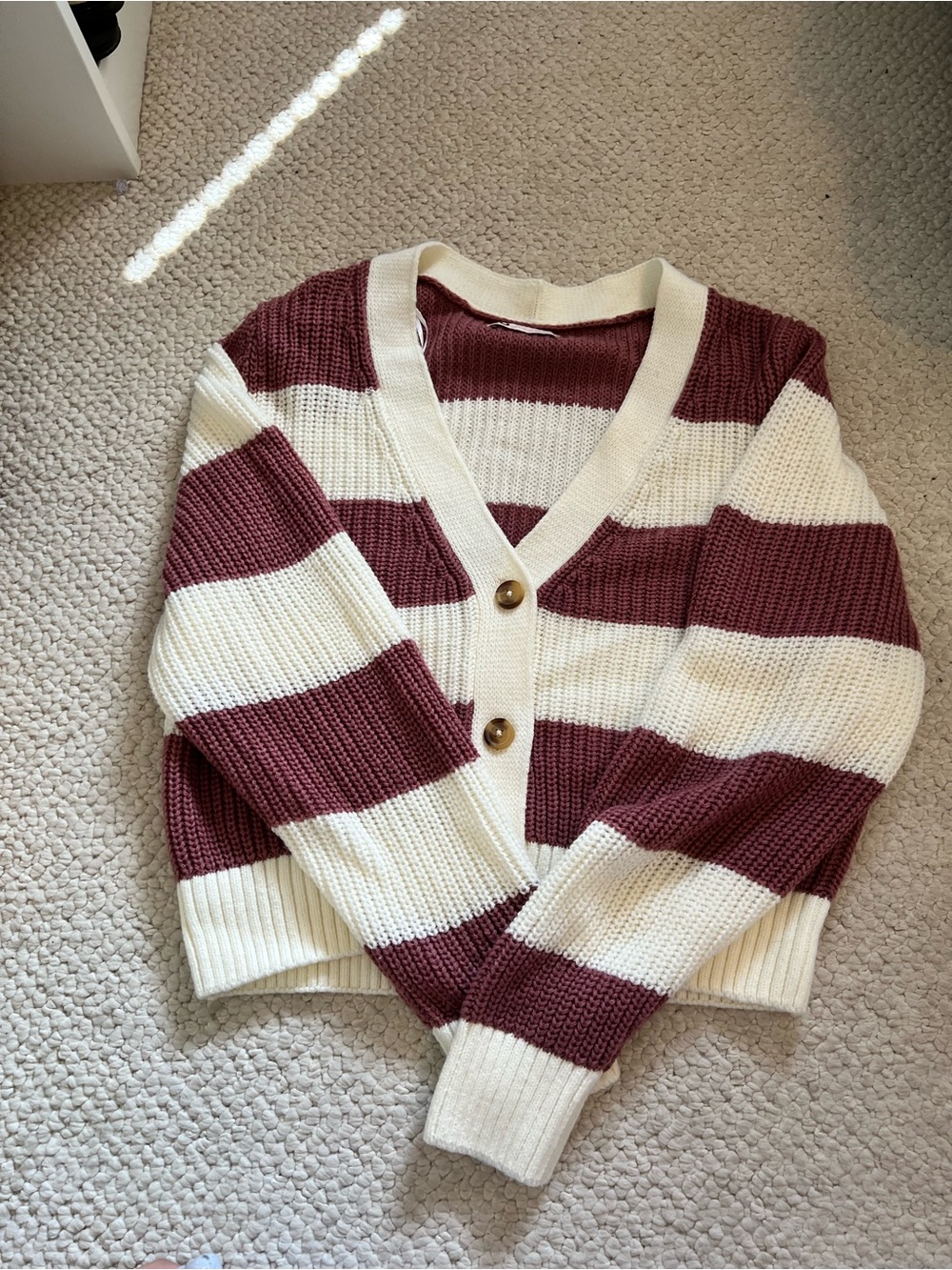 Striped V-Neck Button Cardigan Sweater - Cream & Burgundy